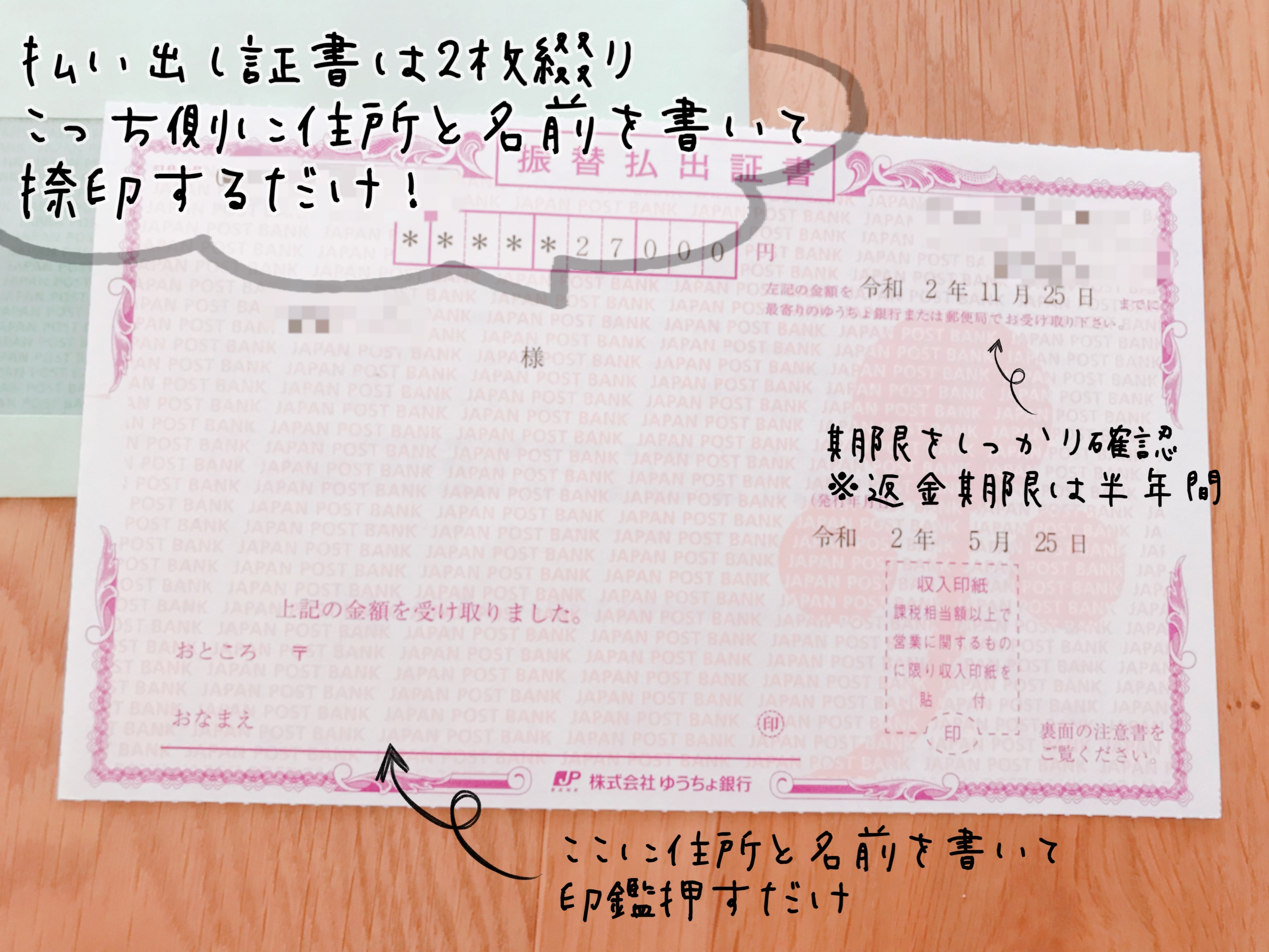 2枚綴りになっているこちら側に住所・名前を書き捺印をする