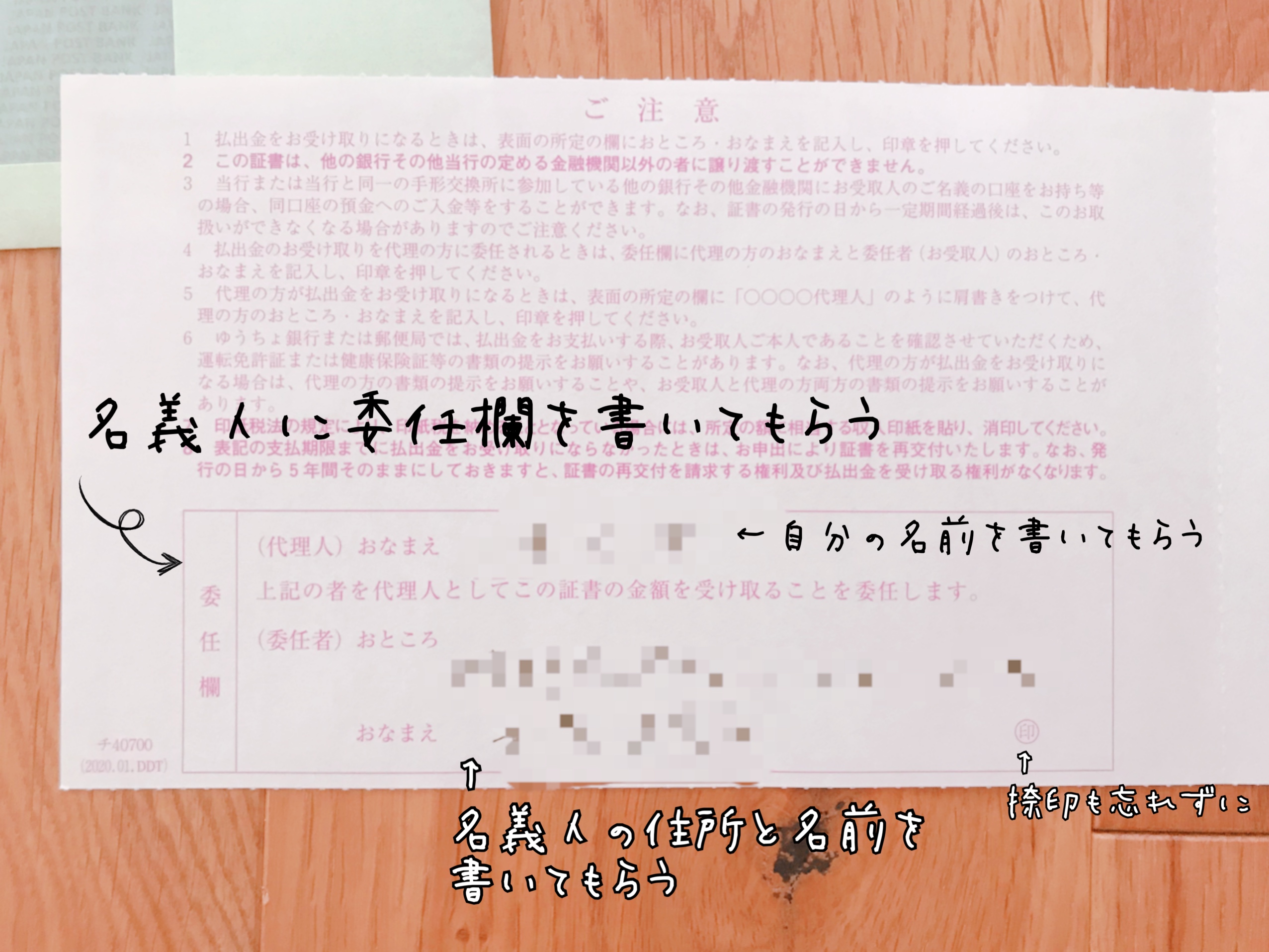 他人名義の返金を自分でしたい場合は裏面の委任欄を名義人に書いてもらう