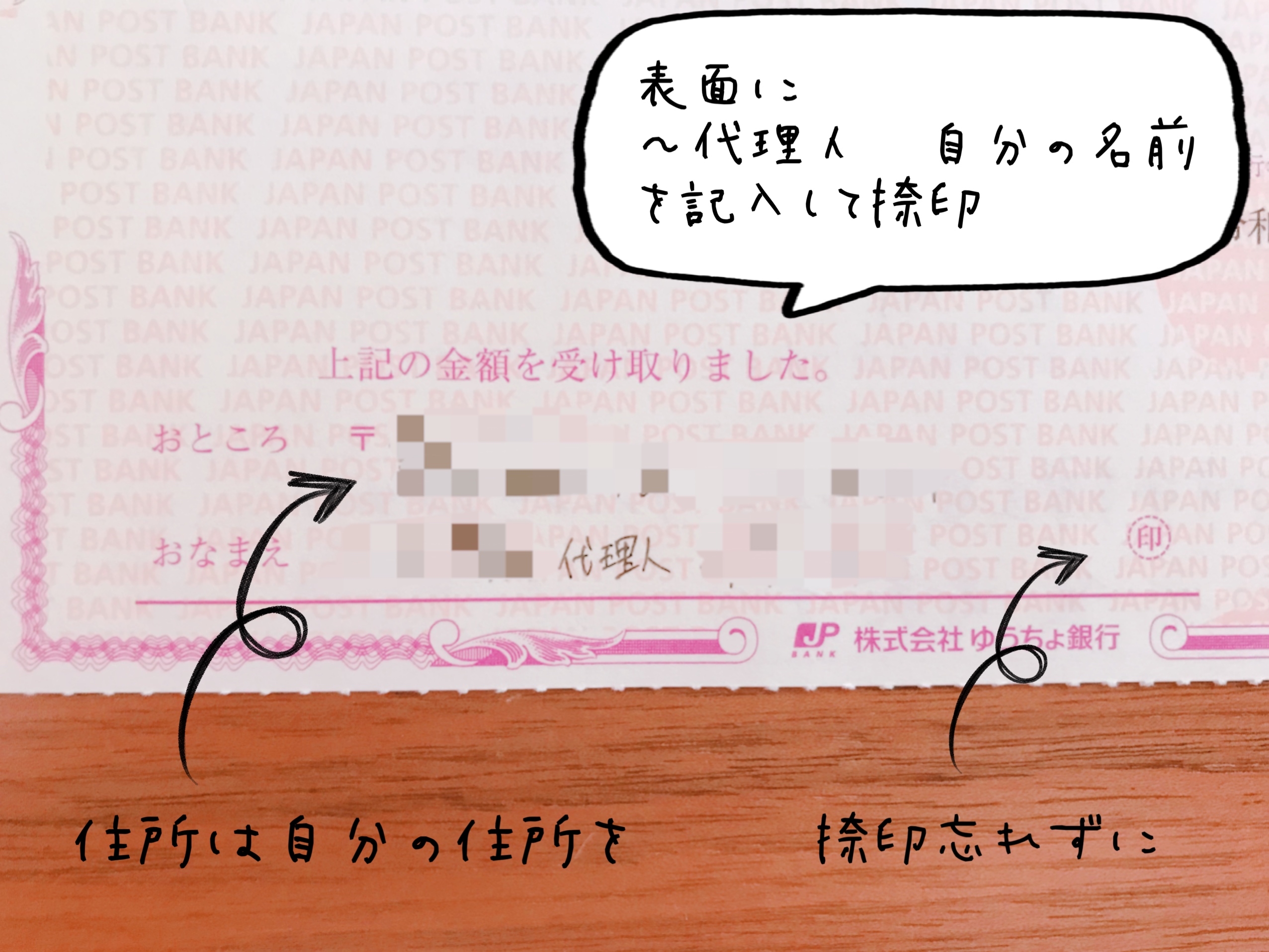 表面は自分の住所、(名義人の名前)代理人(自分の名前)、と記載して捺印